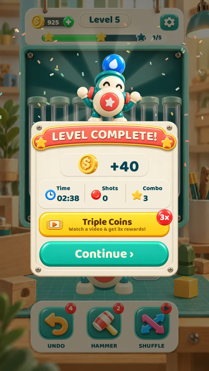 The real game's level-complete celebration in the candy workshop.